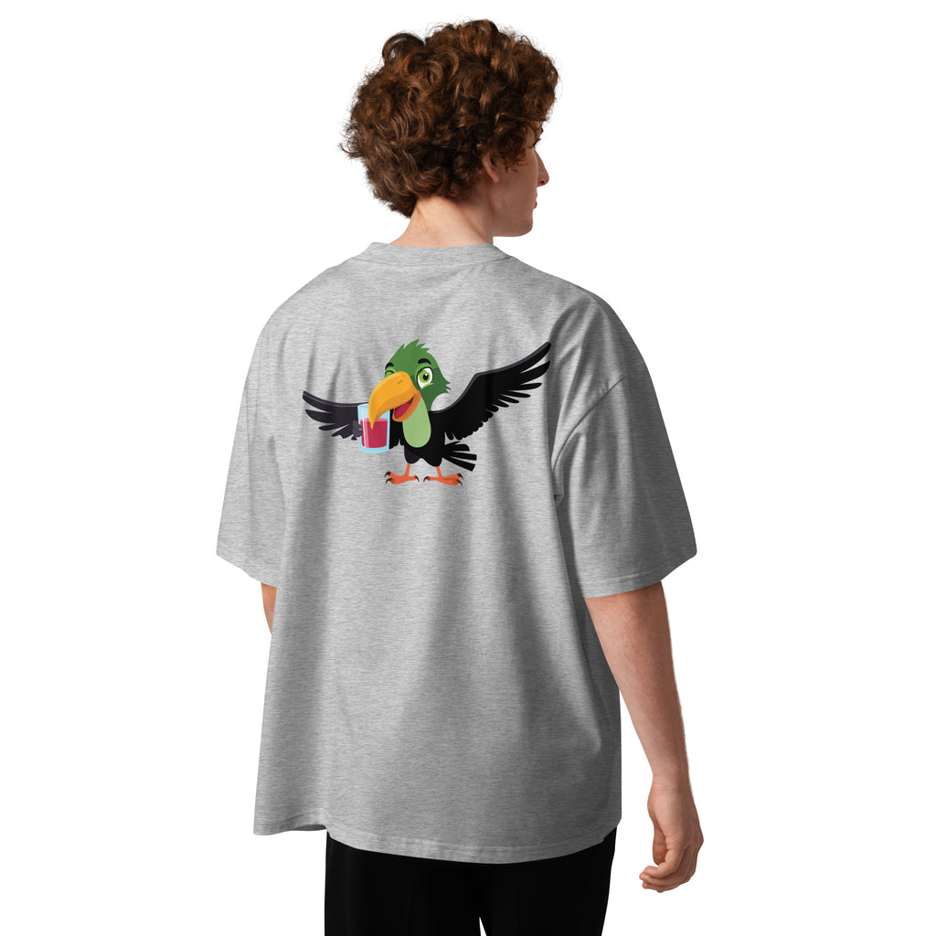 Person wearing a gray t-shirt with a colorful design on the back, featuring flowers and text.