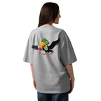 Person wearing a gray t-shirt with a colorful parrot graphic on the back.
