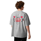 Person wearing a gray t-shirt with text and heart designs on the back, on a white background