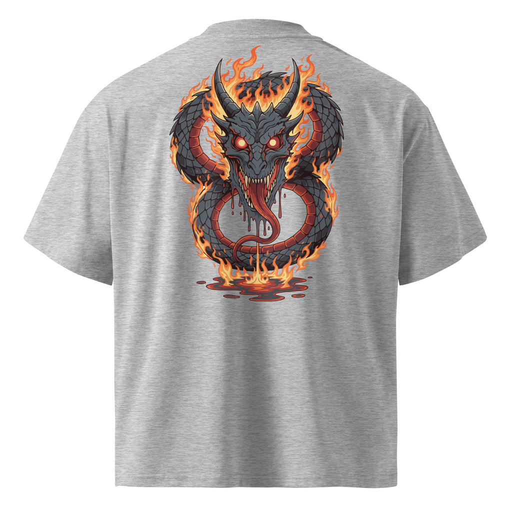 Gray t-shirt with a dragon design on the back against a white background