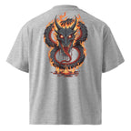 Gray t-shirt with a dragon design on the back against a white background