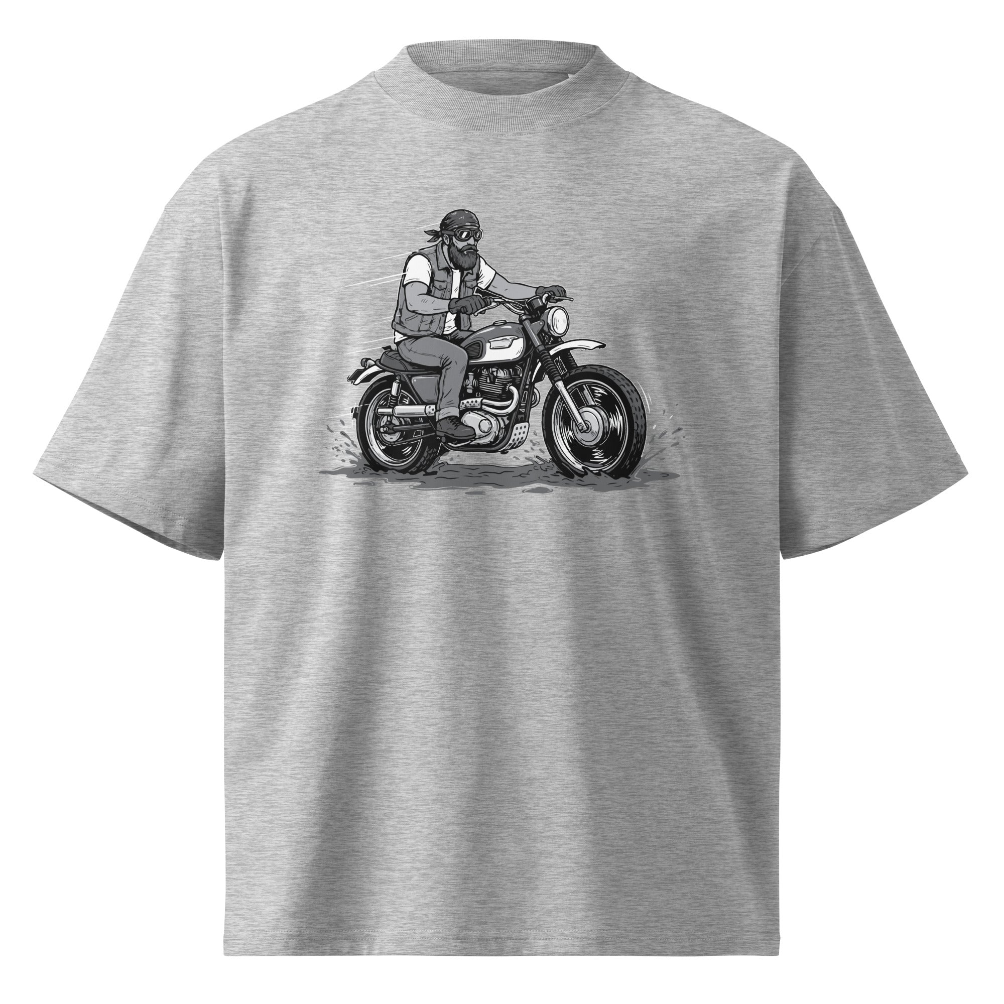Gray t-shirt with a graphic of a person on a motorcycle on a white background