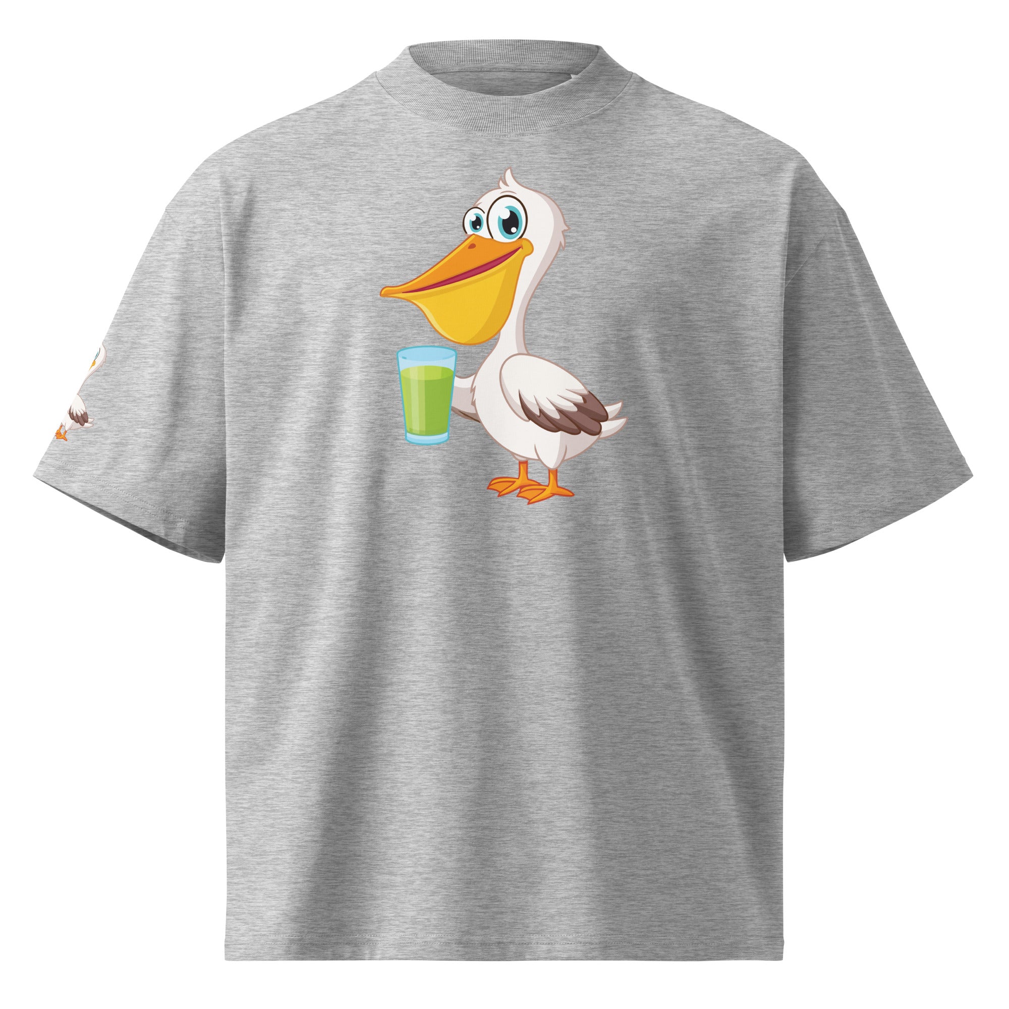 Gray t-shirt with a cartoon pelican holding a drink on a white background