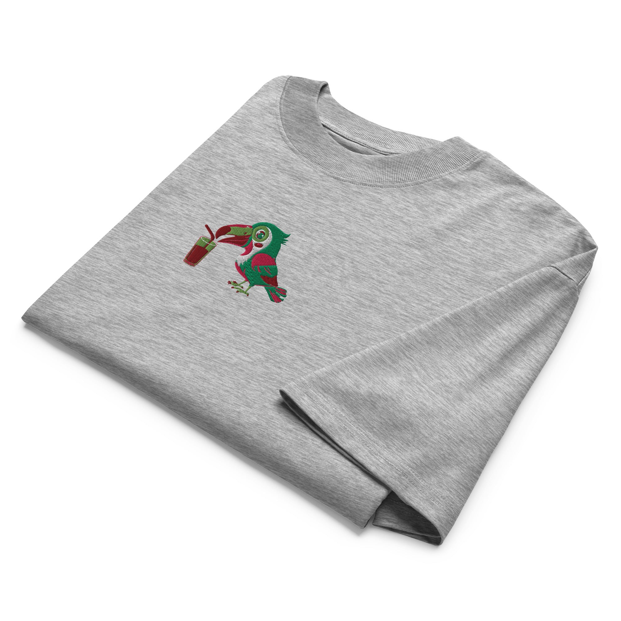 Folded gray t-shirt with a colorful graphic on a white background
