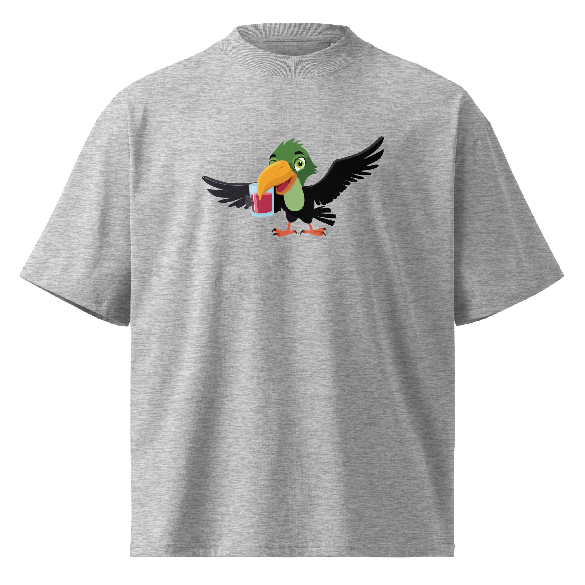 Gray t-shirt with a colorful parrot graphic on a white background
