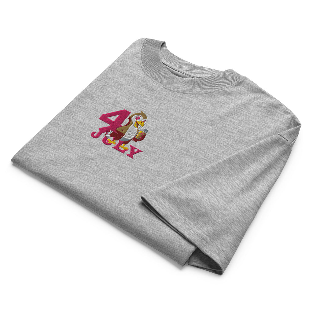 Folded gray t-shirt with a colorful '4 July' design on a white background