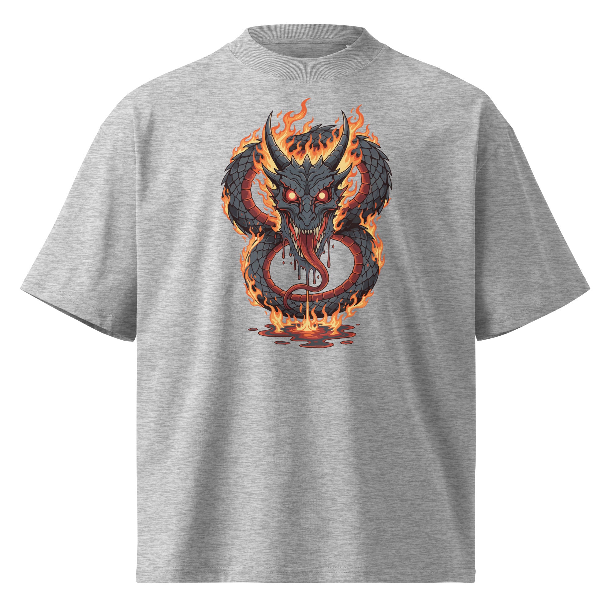 Gray t-shirt with a dragon design on a white background