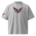 Gray t-shirt with a colorful eagle design on a white background