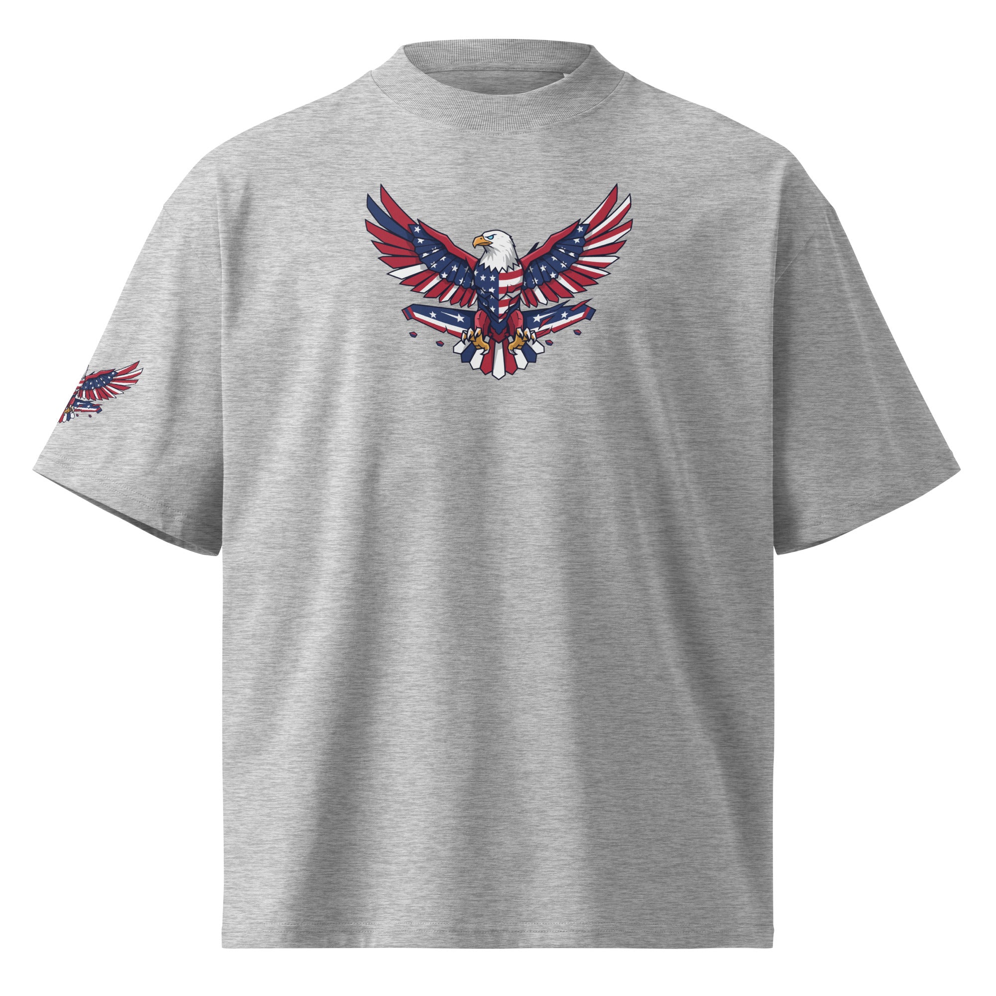 Gray t-shirt with a colorful eagle design on a white background