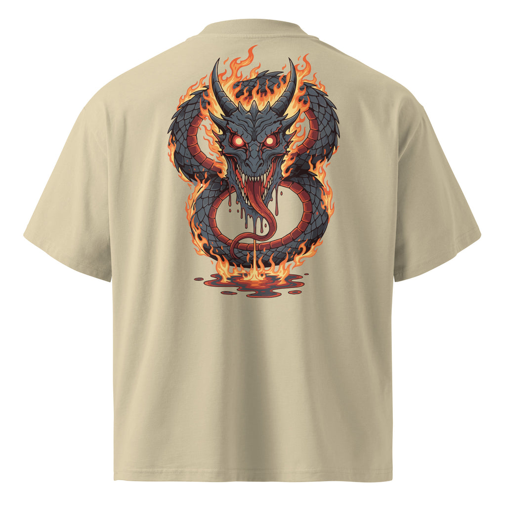 Beige t-shirt with a dragon design on the back against a white background