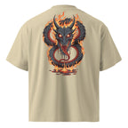 Beige t-shirt with a dragon design on the back against a white background