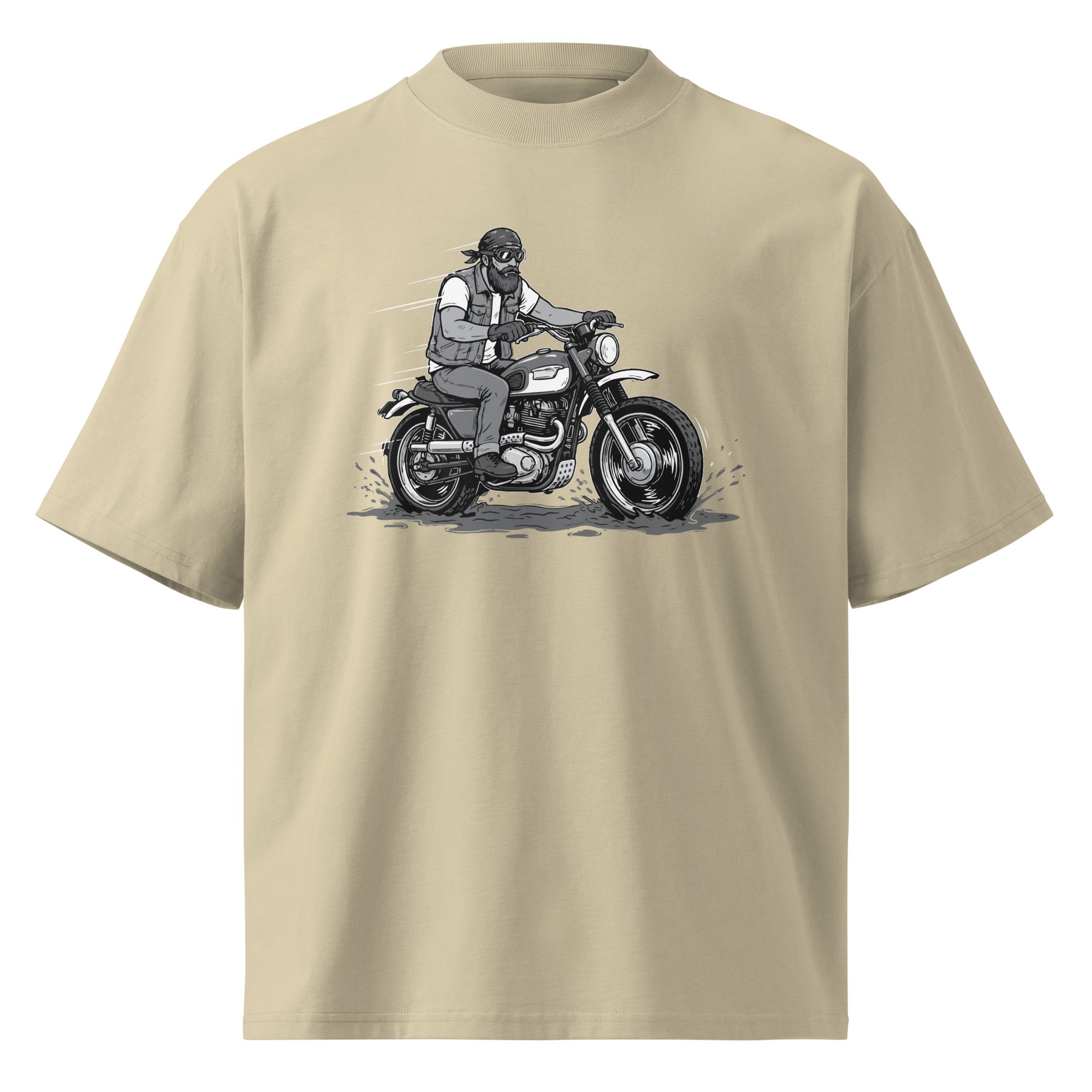 Beige t-shirt with a graphic of a person on a motorcycle on a white background