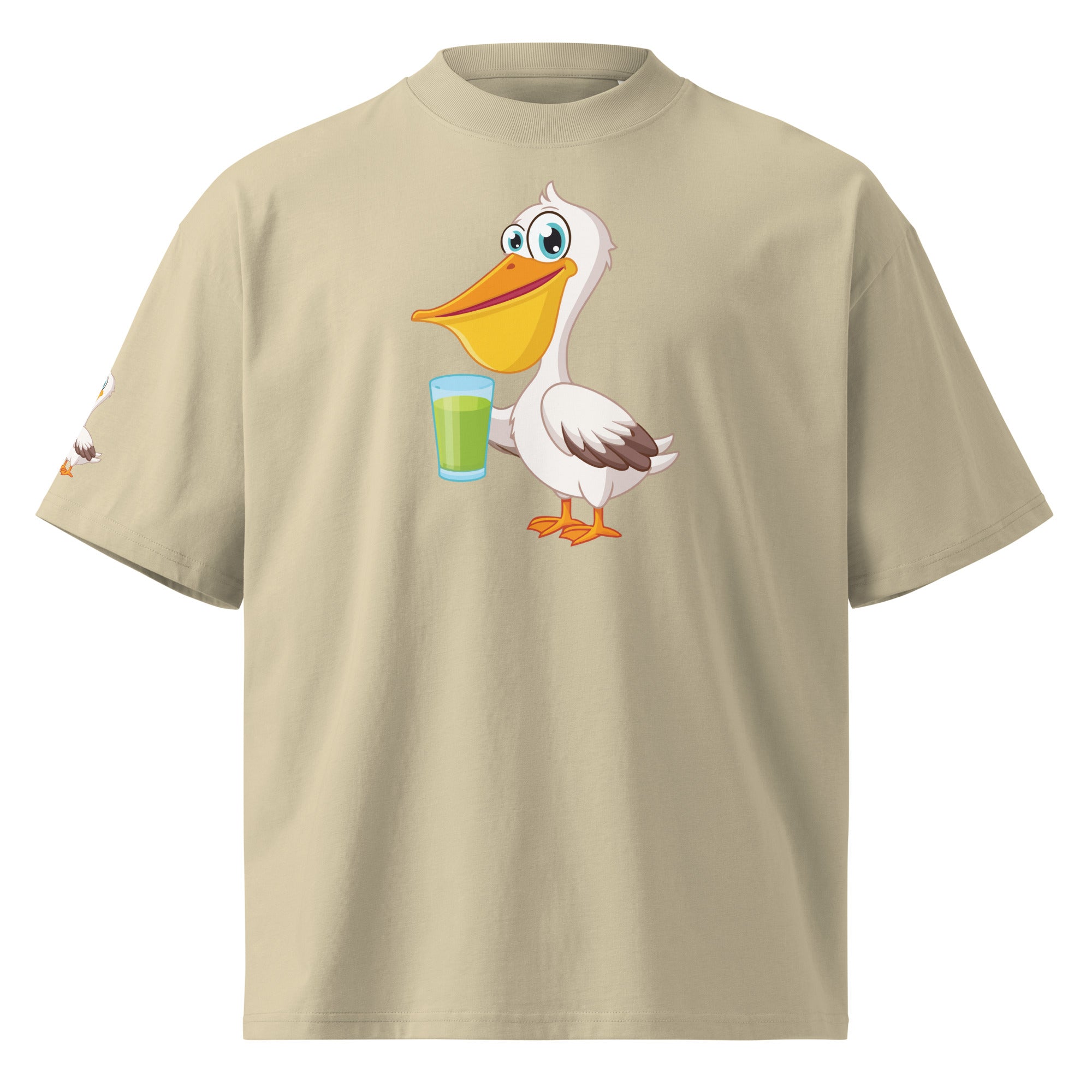 Beige t-shirt with a cartoon pelican holding a drink on a white background