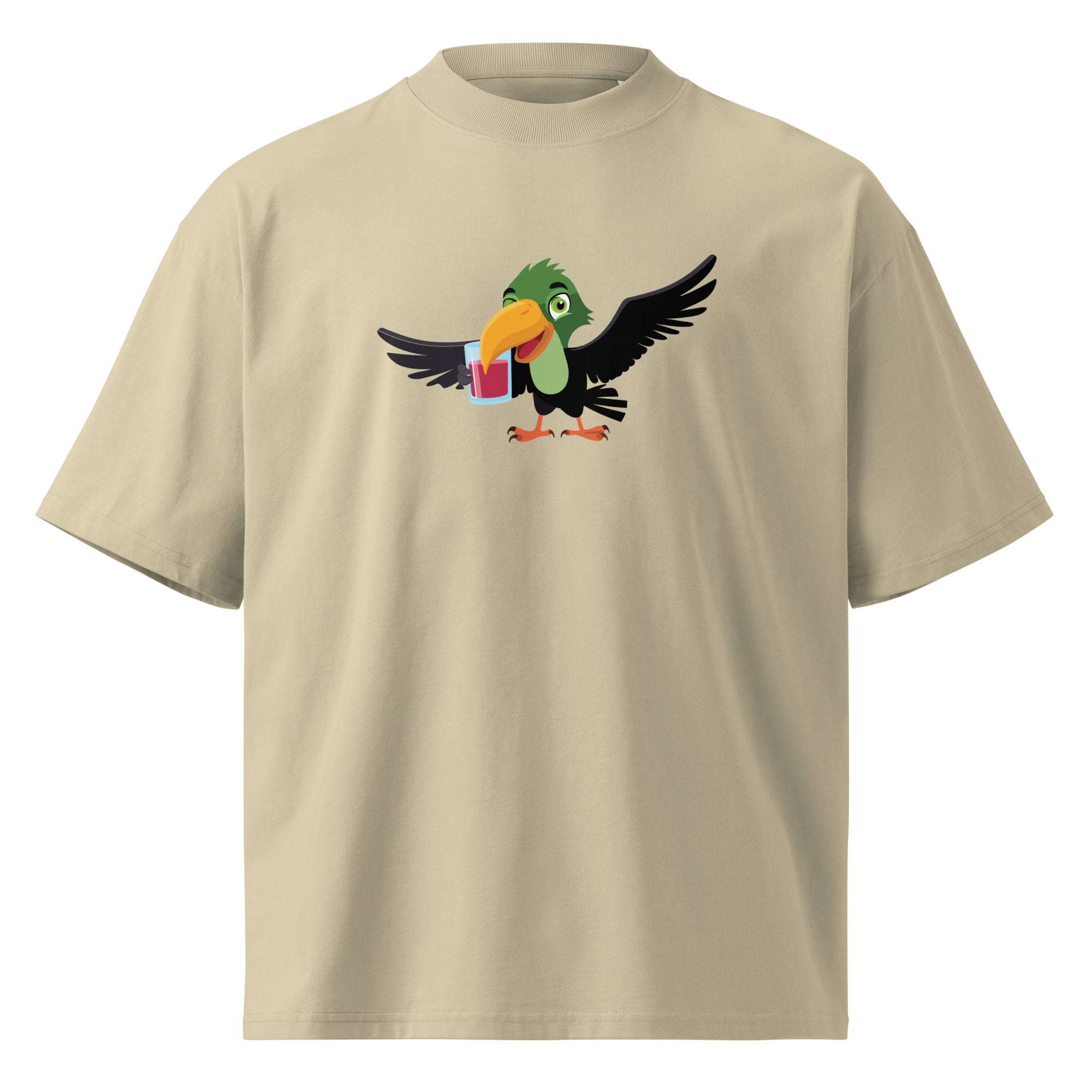 Beige t-shirt with a colorful bird graphic on a white background