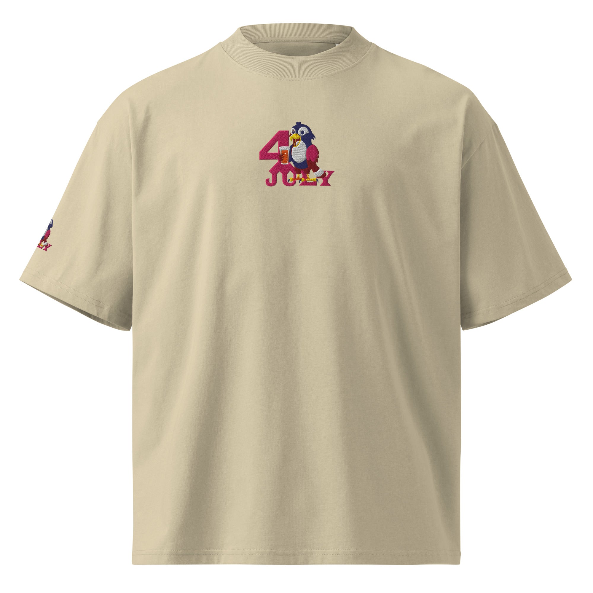 Beige t-shirt with a graphic design on the chest against a white background