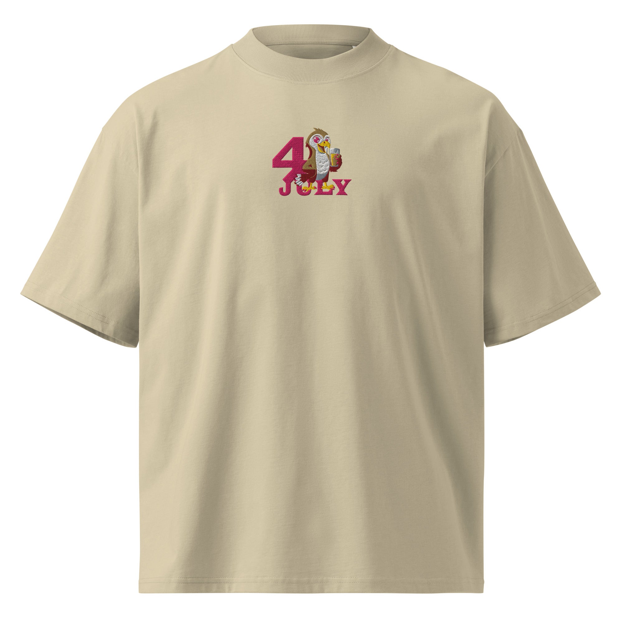 Beige t-shirt with a graphic design on the chest against a white background