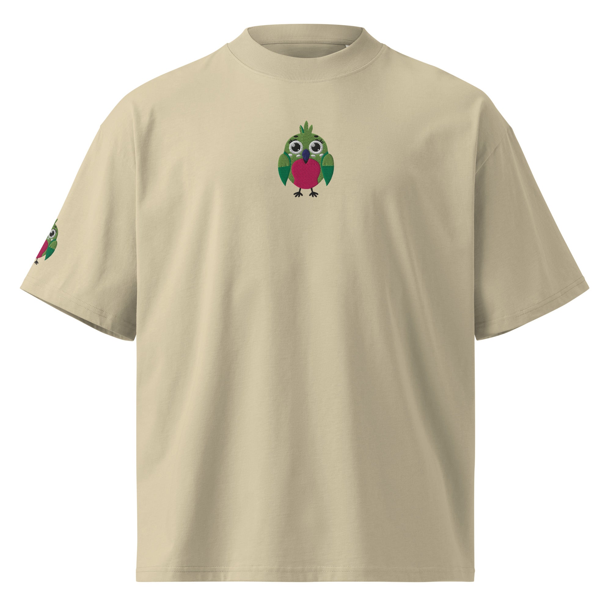 Beige t-shirt with a green and red logo on a white background