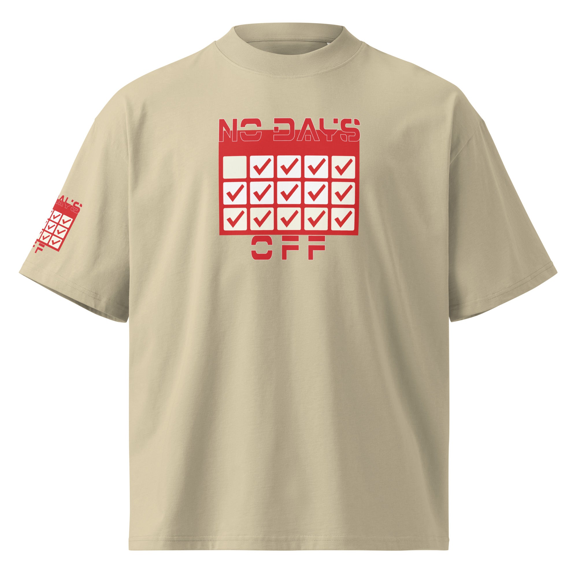 Beige t-shirt with red 'No Days Off' graphic on a white background