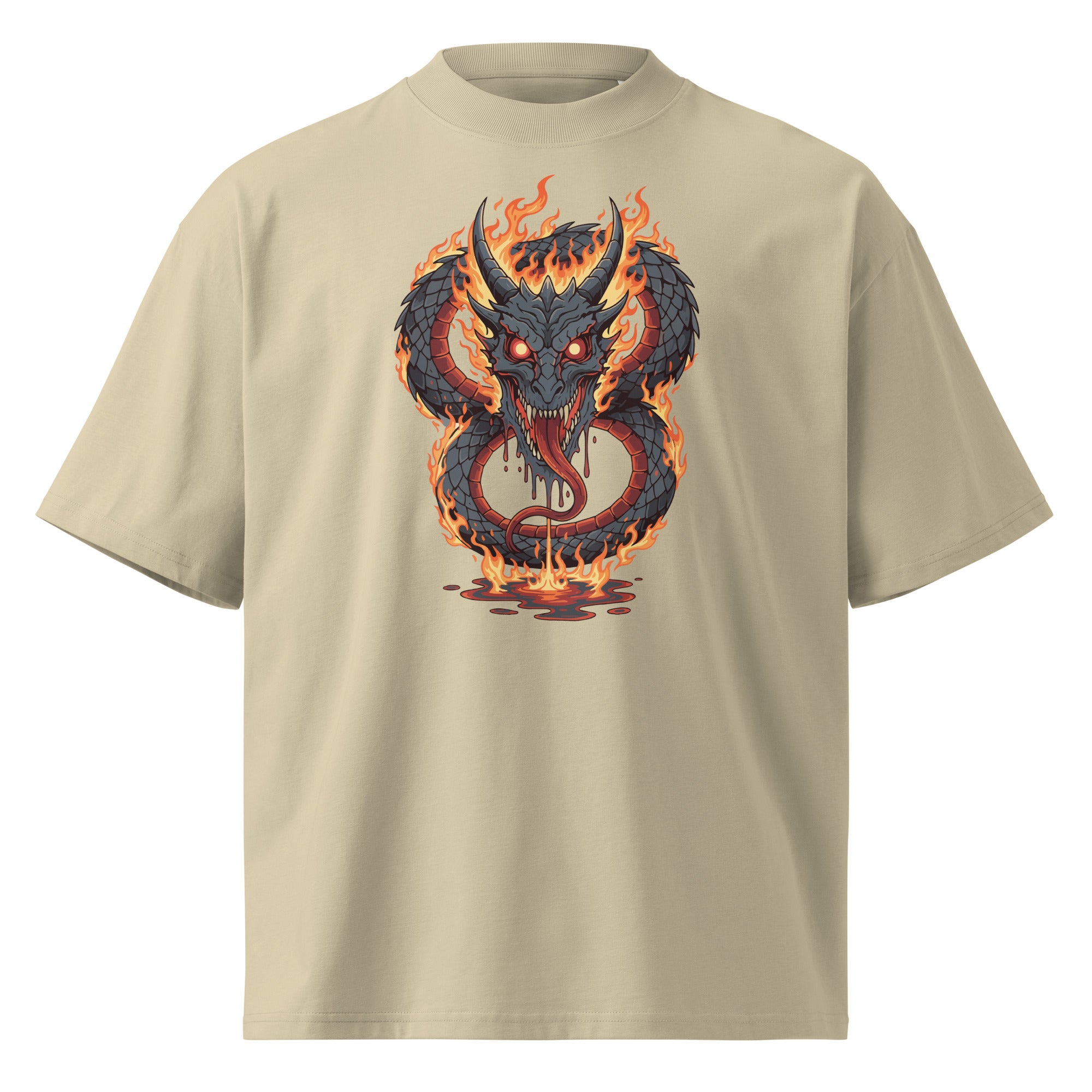 Beige t-shirt with a dragon graphic design on a white background
