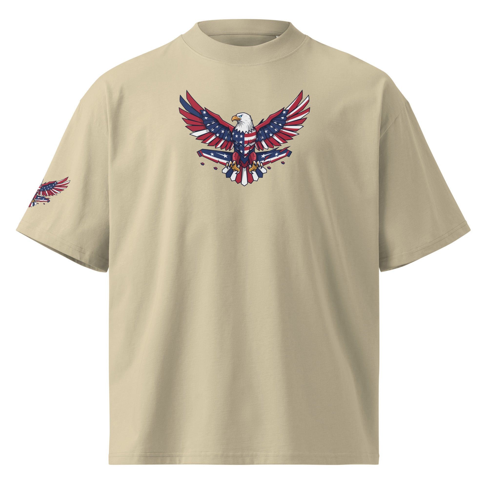 Beige t-shirt with a graphic of an eagle and American flag design on a white background