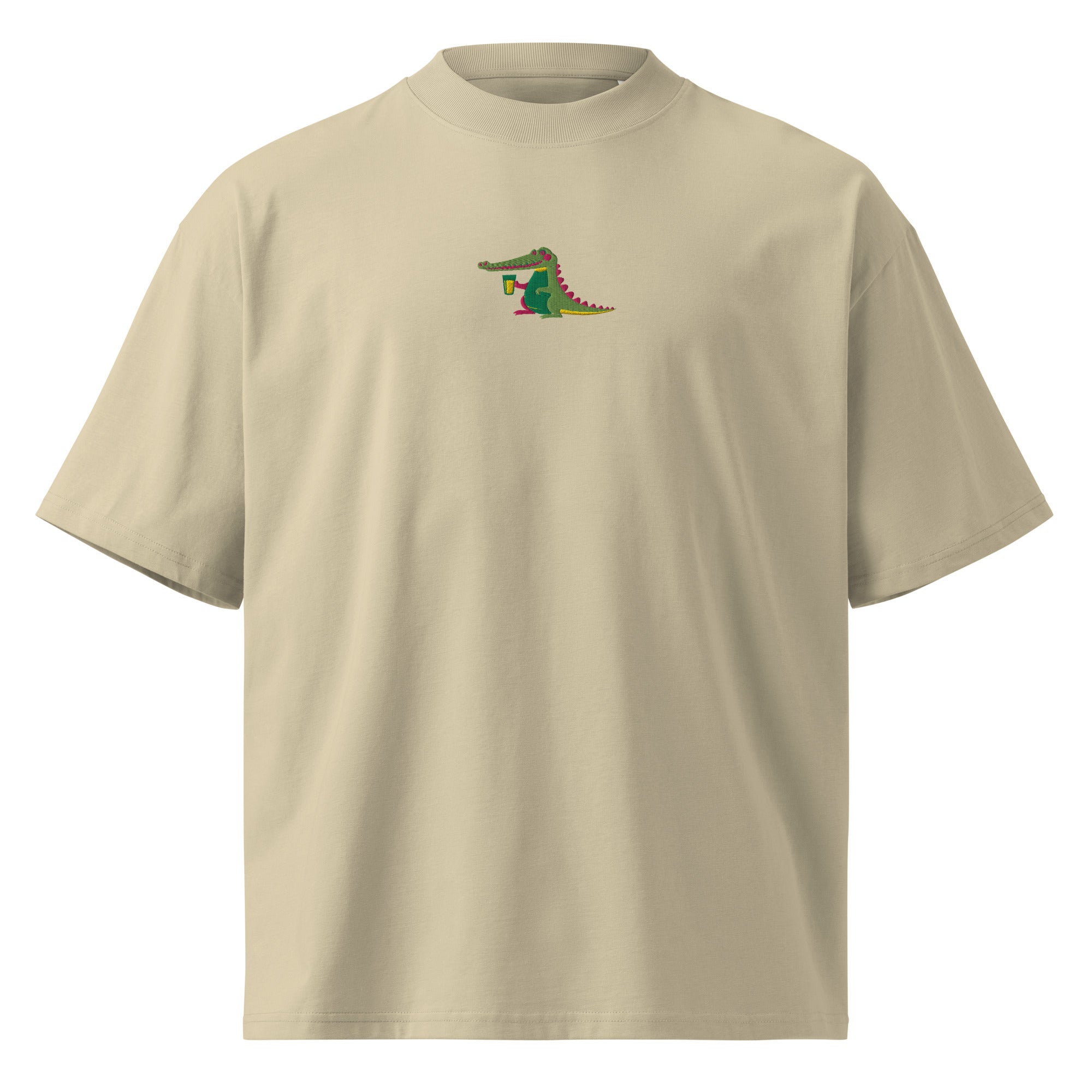 Beige t-shirt with a green and red logo on a white background