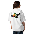 Person wearing a white t-shirt with a colorful parrot graphic on the back.