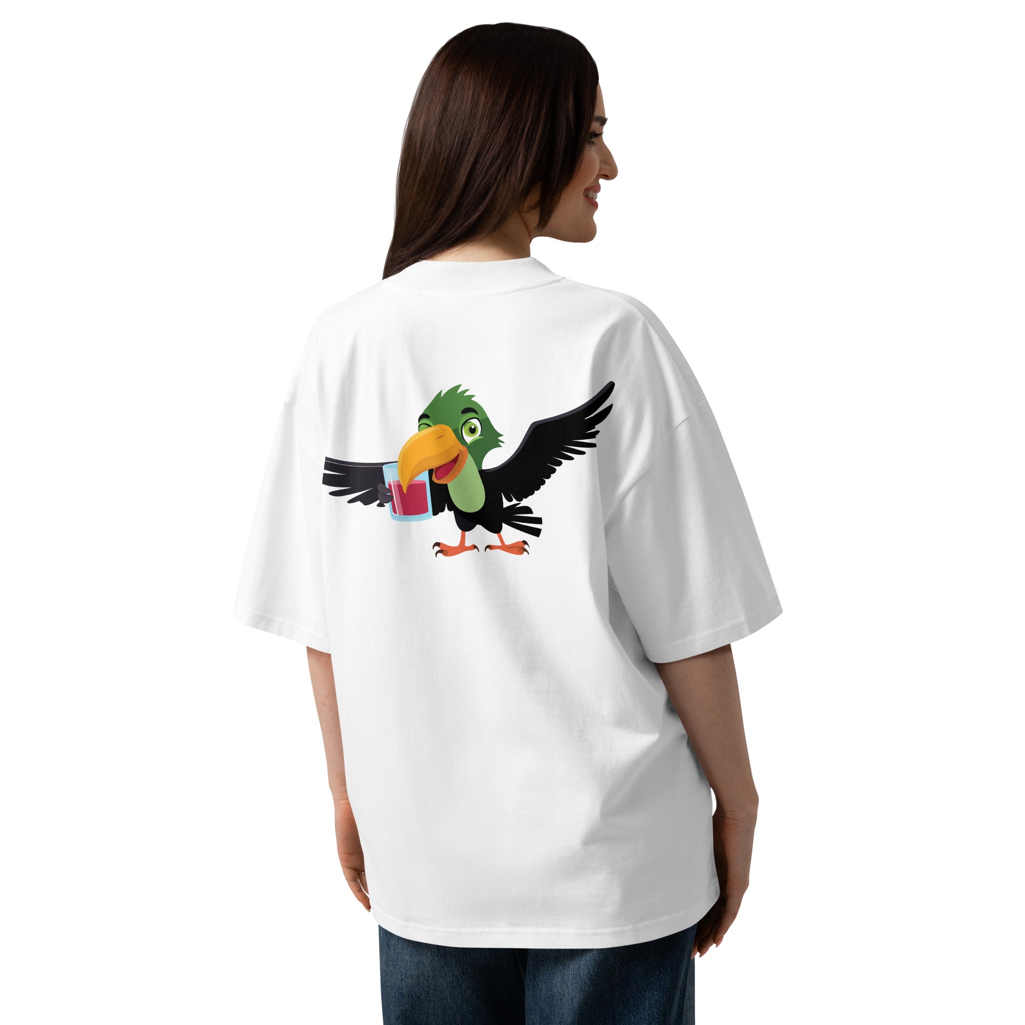 Person wearing a white t-shirt with a colorful parrot graphic on the back.