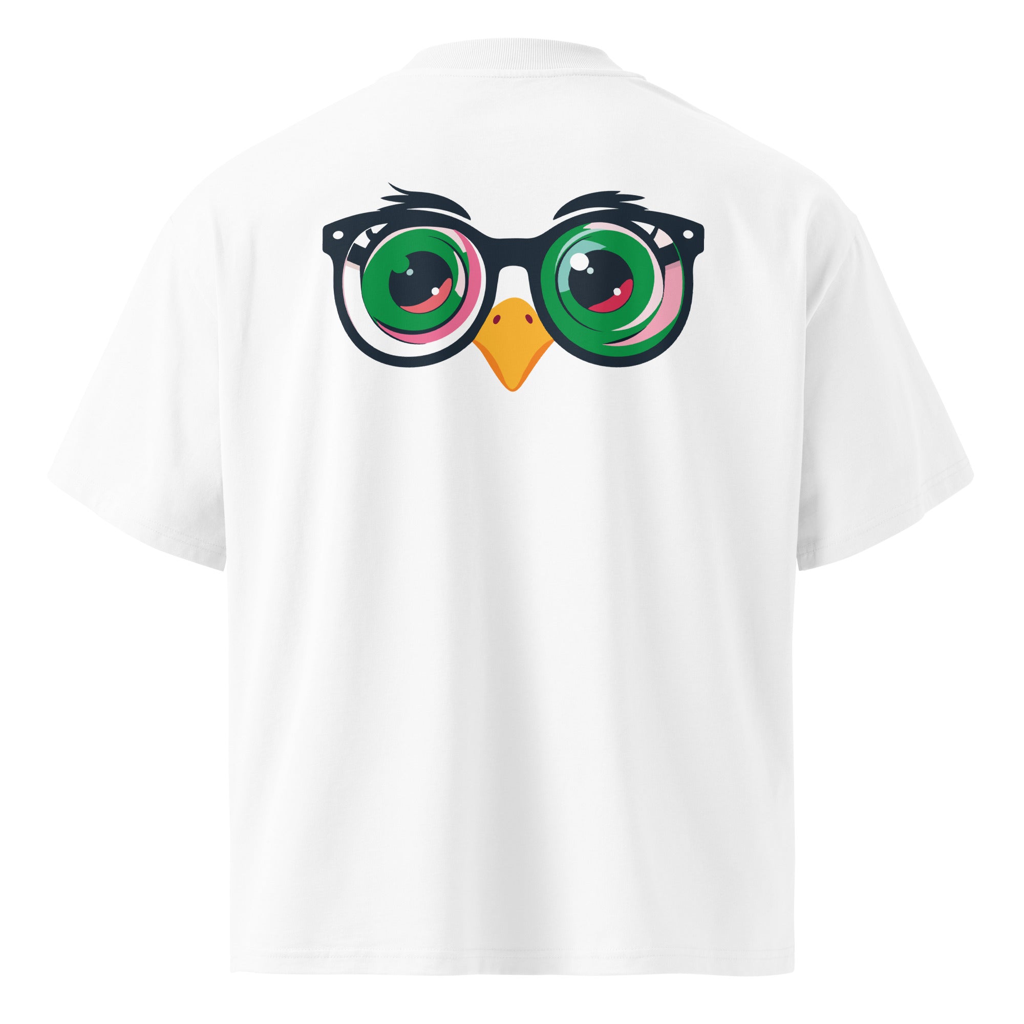 White t-shirt with a colorful owl design on the back against a white background