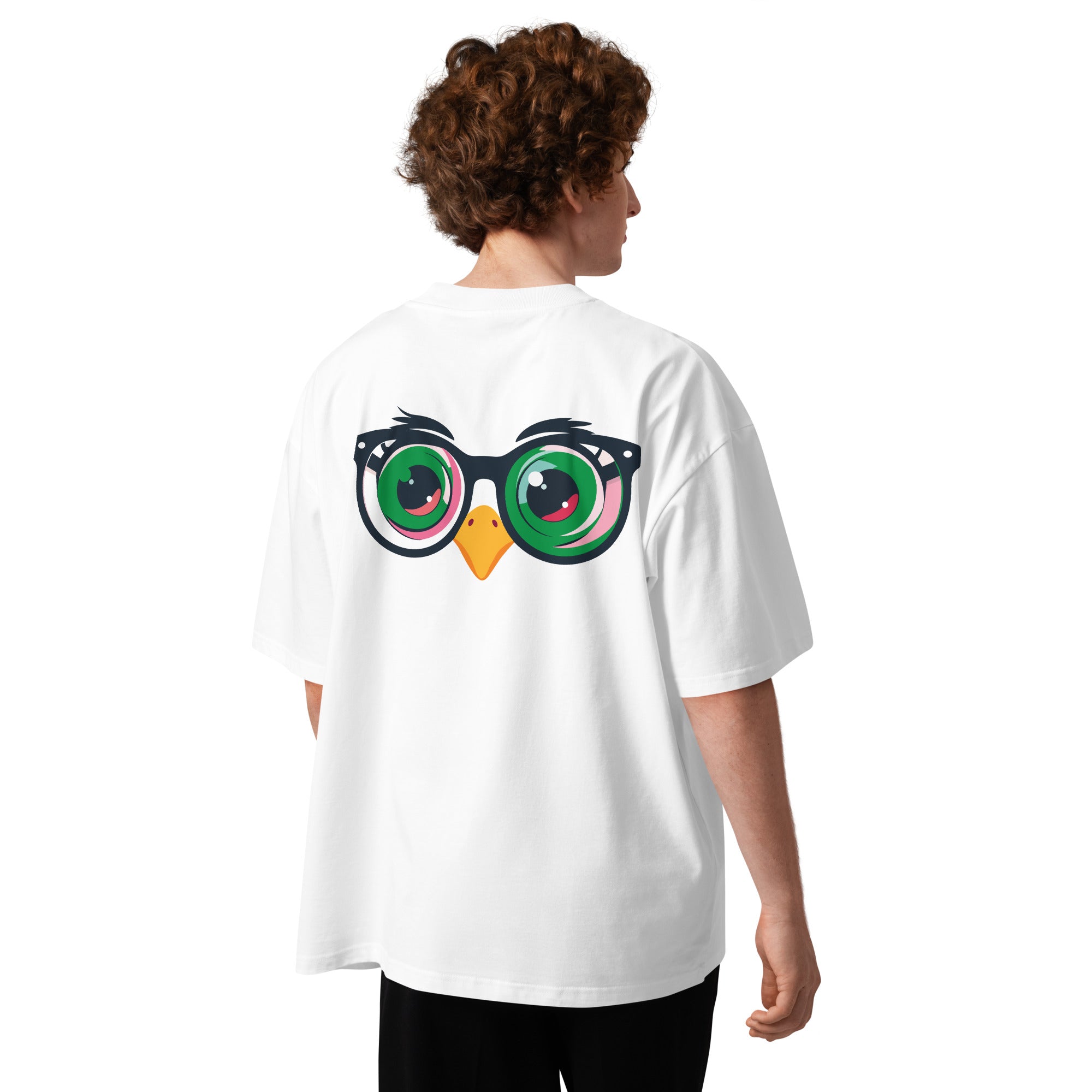 Person wearing a white t-shirt with a colorful graphic on the back against a white background