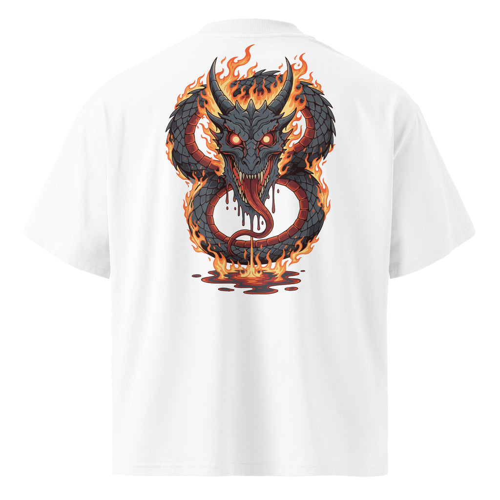 White t-shirt with a dragon graphic on the back against a white background