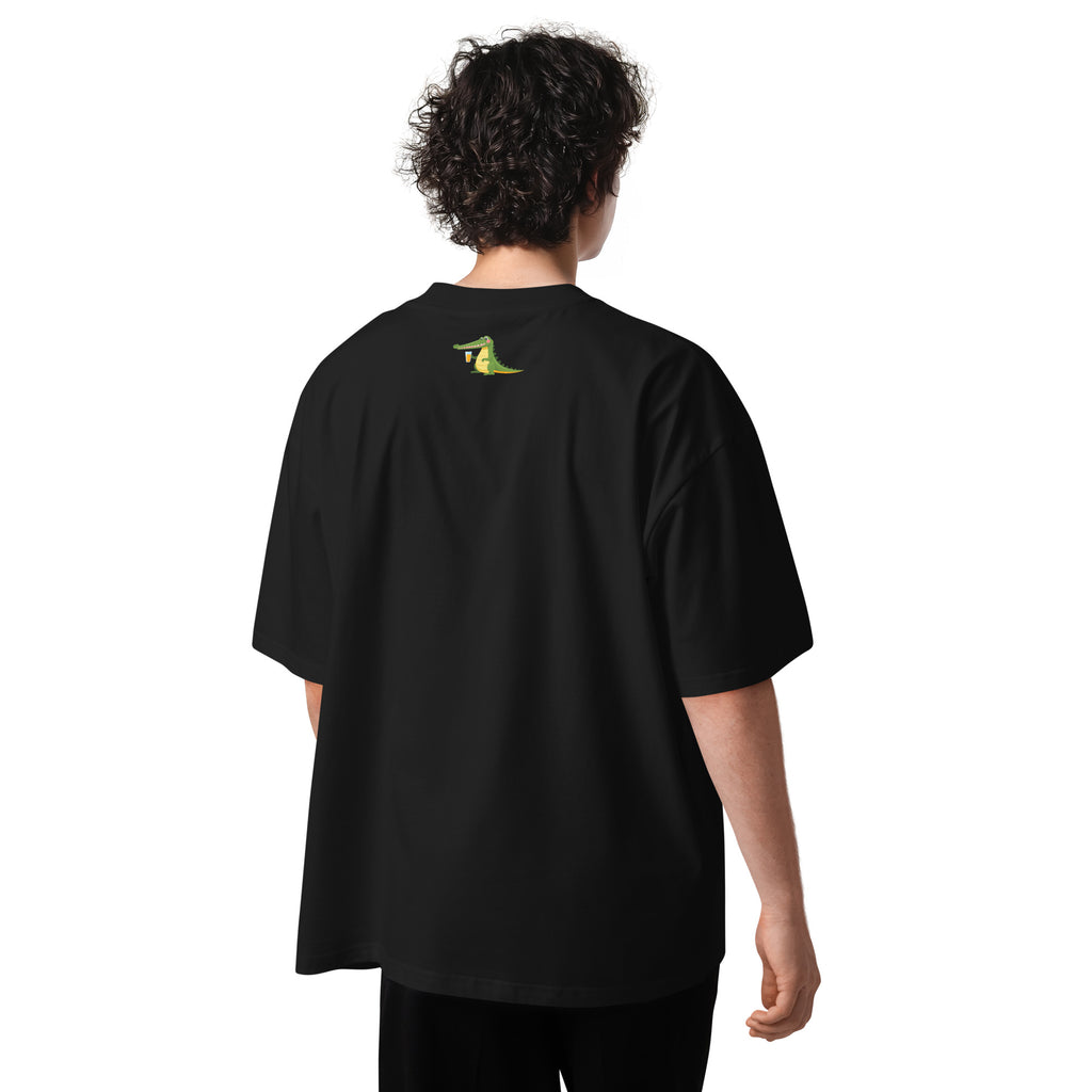 Person wearing a black t-shirt with graphic design and text on the back