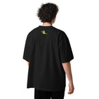 Person wearing a black t-shirt with graphic design and text on the back