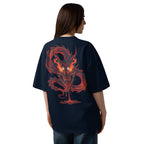 Person wearing a black t-shirt with a red dragon design on the back against a white background