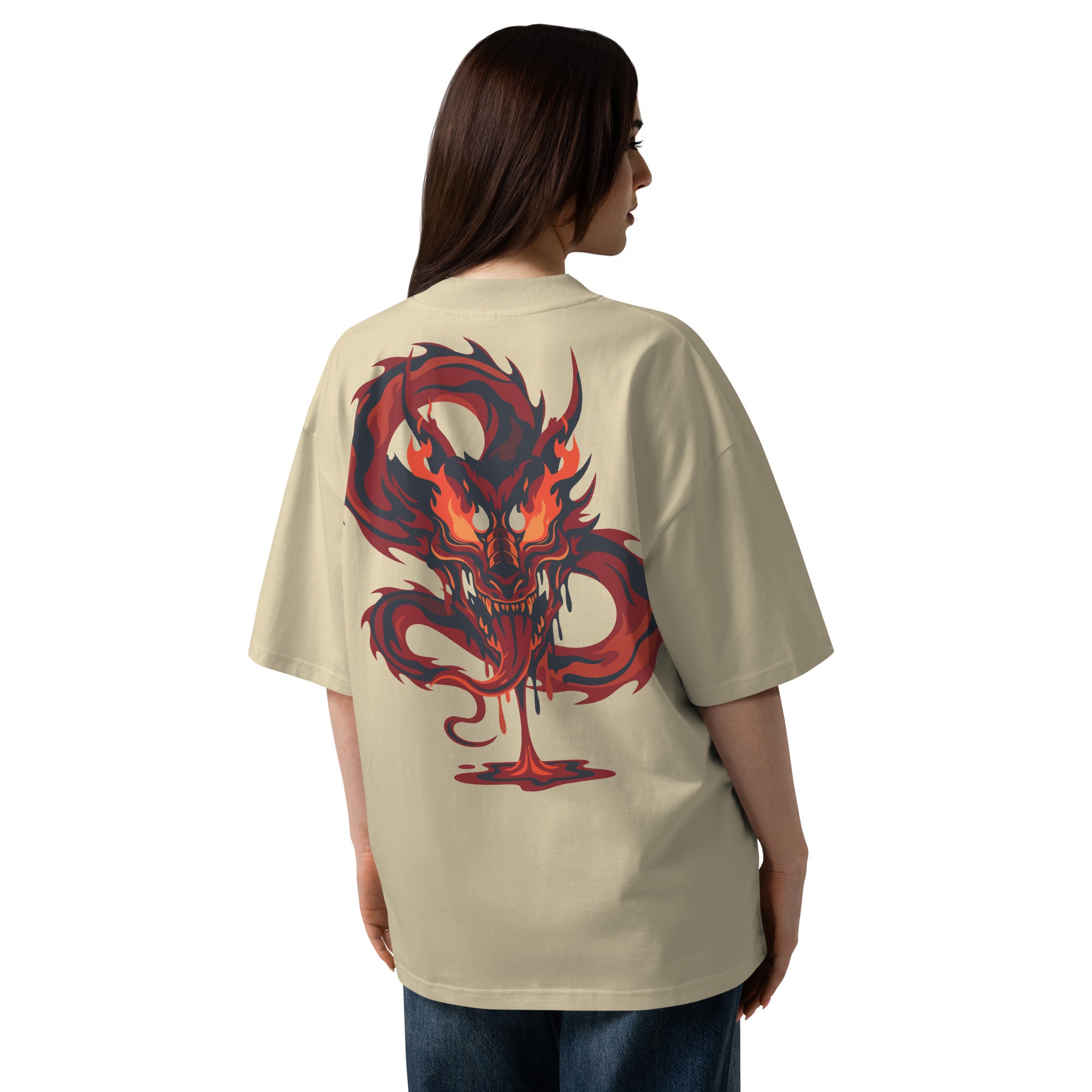 Person wearing a beige t-shirt with a red and black dragon design on the back.