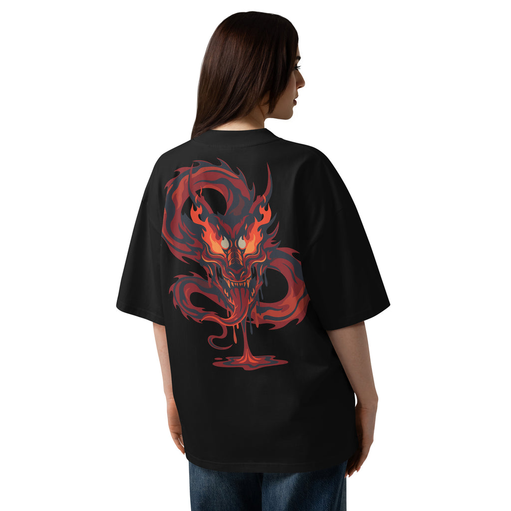 Person wearing a black t-shirt with a red dragon design on the back, standing against a white background.