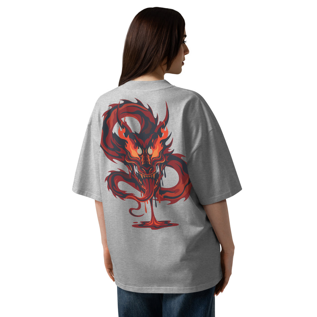 Person wearing a gray t-shirt with a red and black dragon design on the back.