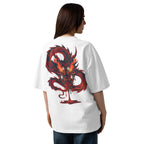Person wearing a white t-shirt with a red and black dragon design on the back.