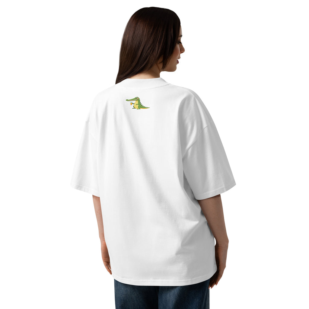 Person wearing a white t-shirt with a logo on the back against a white background
