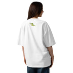 Person wearing a white t-shirt with a logo on the back against a white background