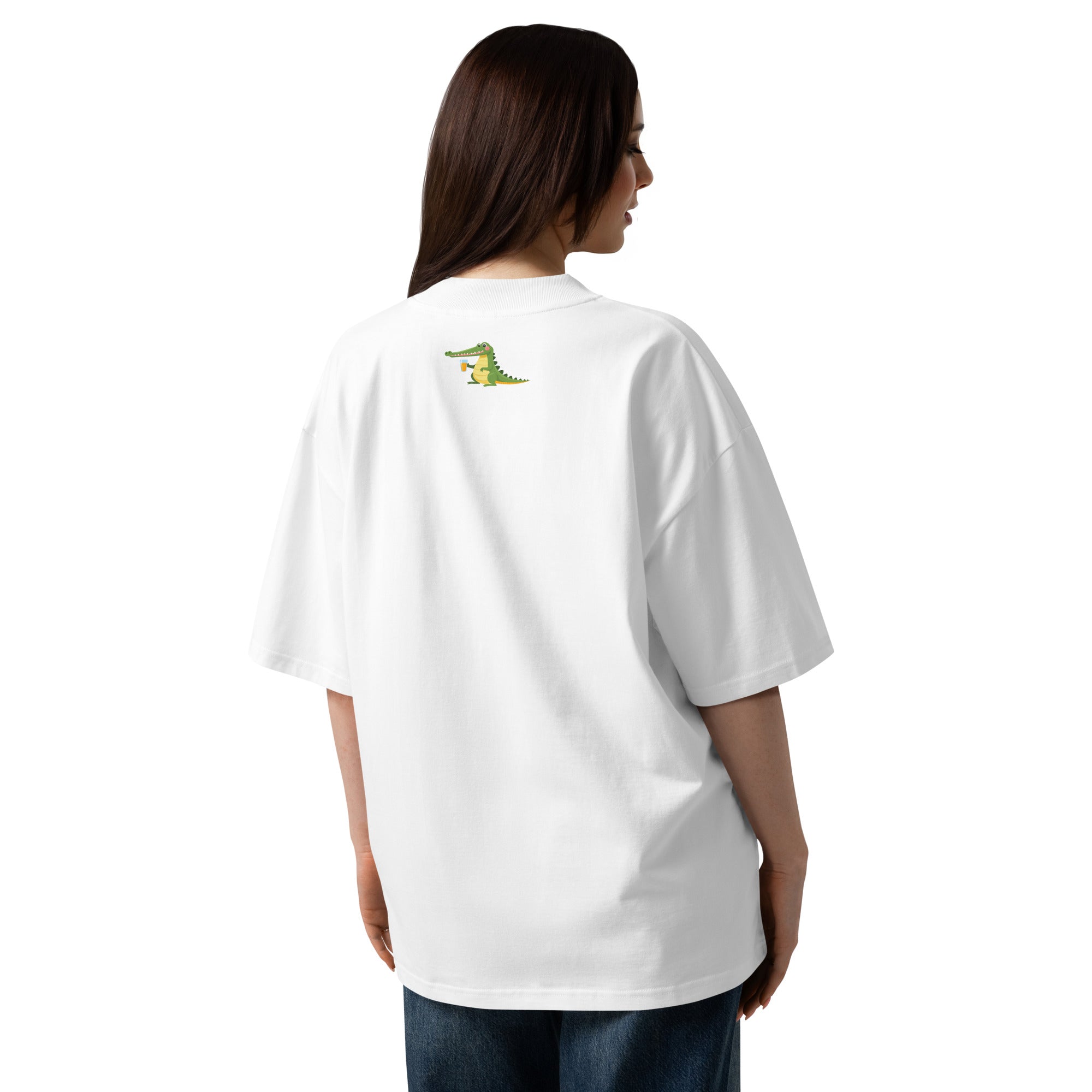 Person wearing a white t-shirt with a logo on the back against a white background