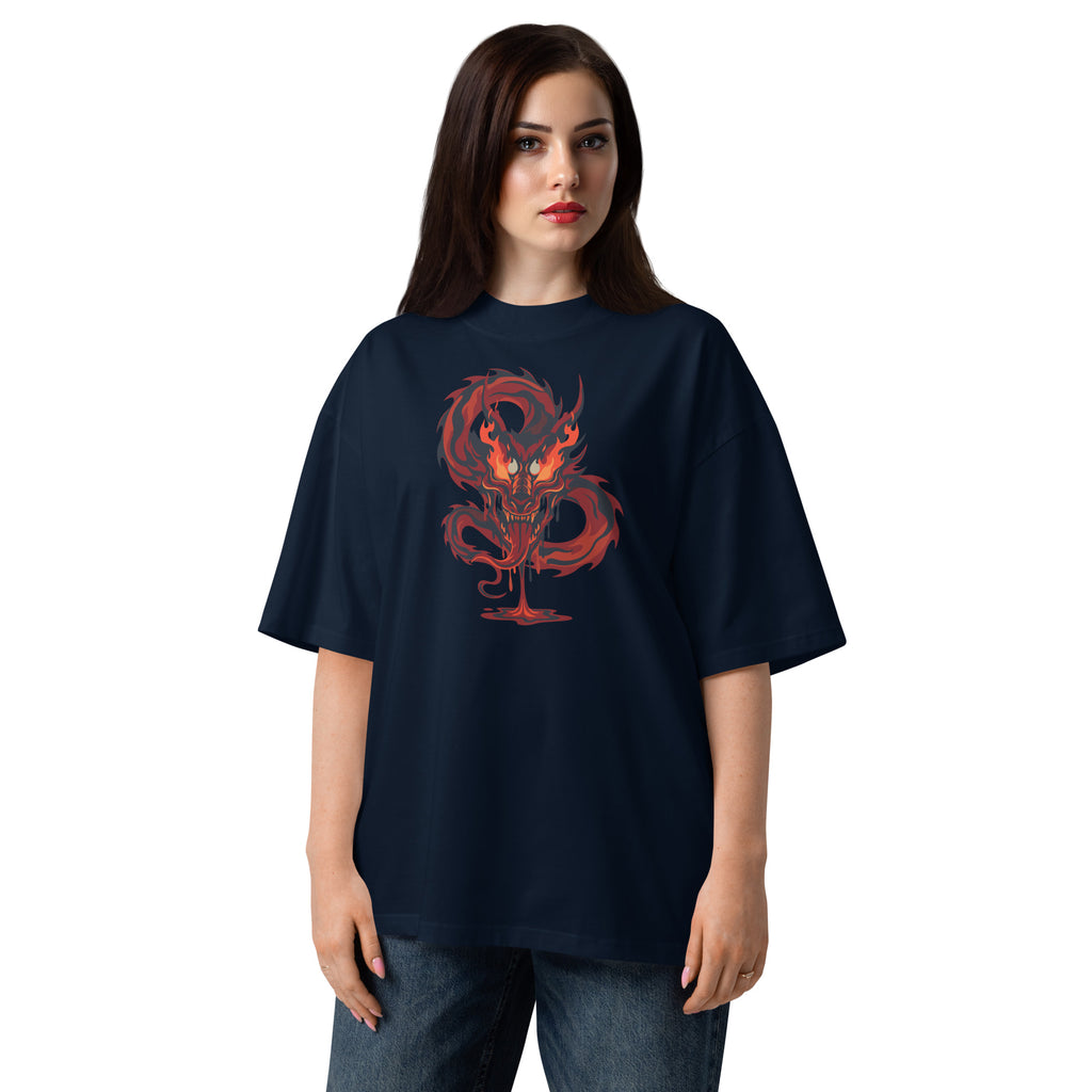 Person wearing a black t-shirt with a red dragon design on a white background