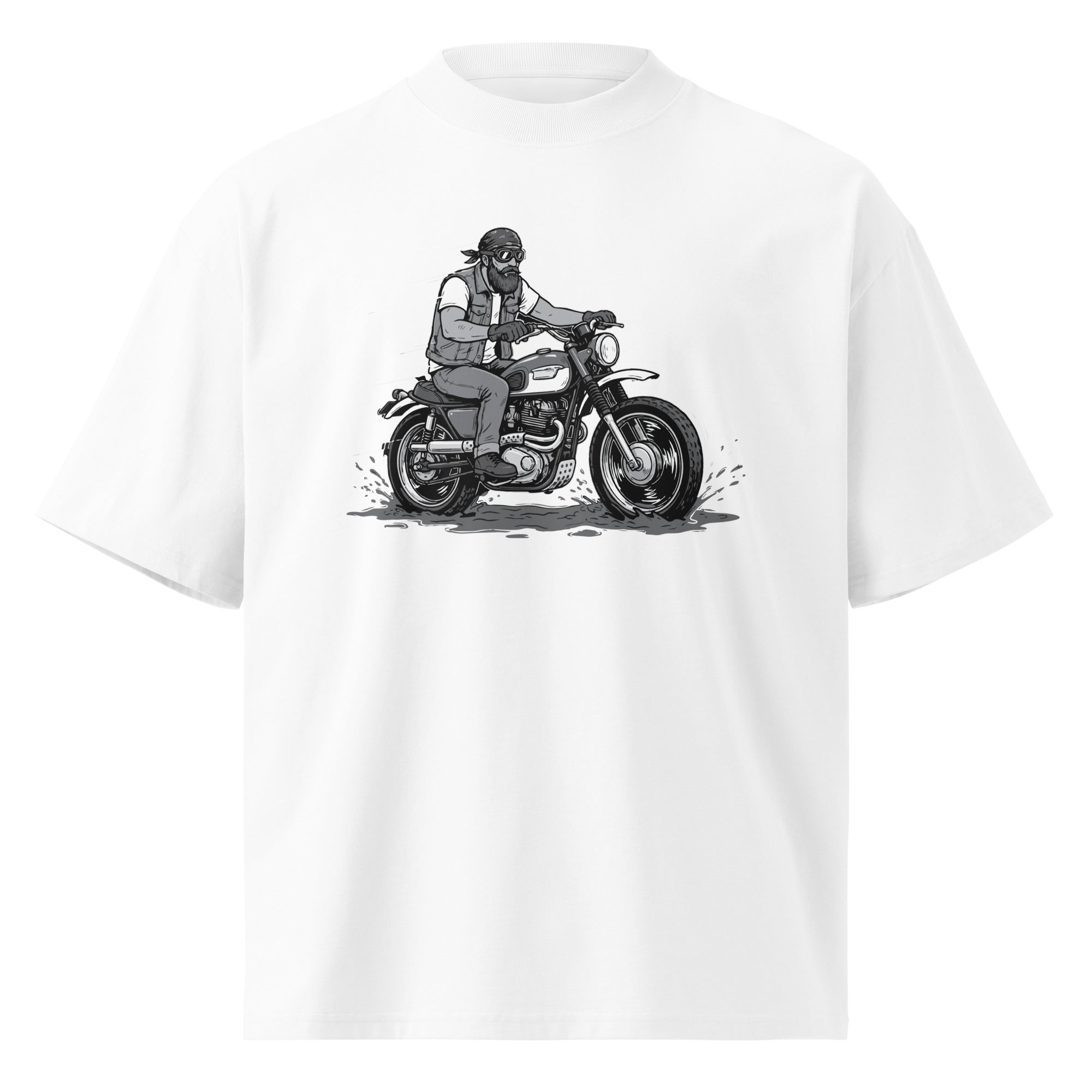 White t-shirt with a graphic of a person on a motorcycle
