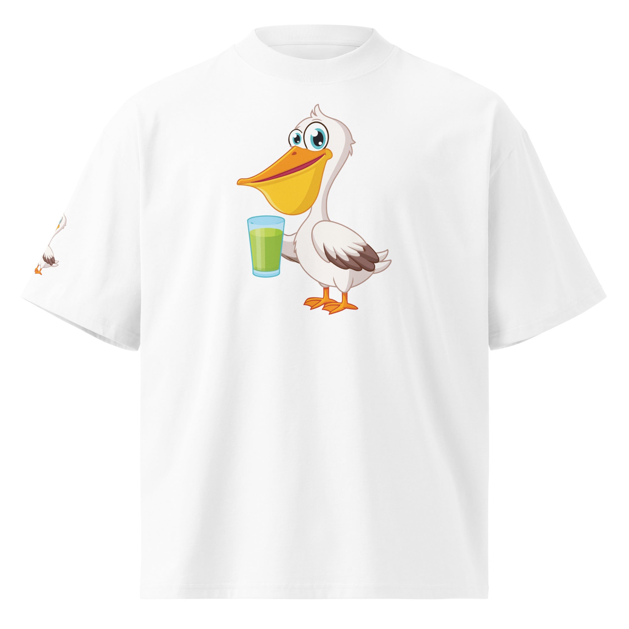 White t-shirt with a cartoon pelican design holding a drink on a white background