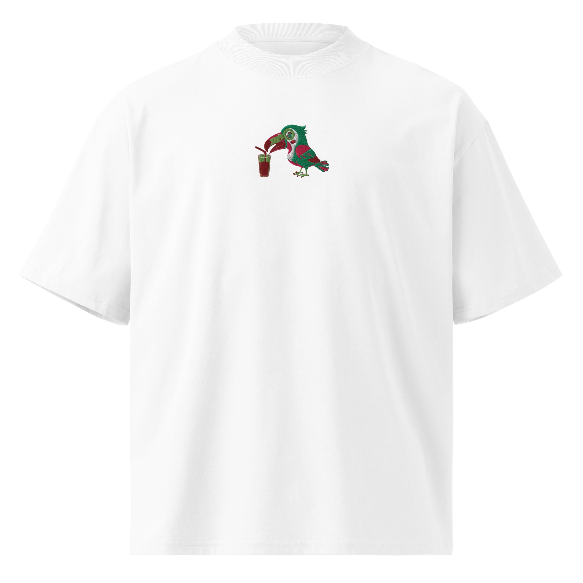 White t-shirt with a colorful parrot design on a white background