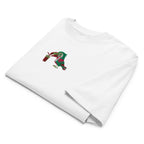 White t-shirt with a colorful graphic of an elf on a white background