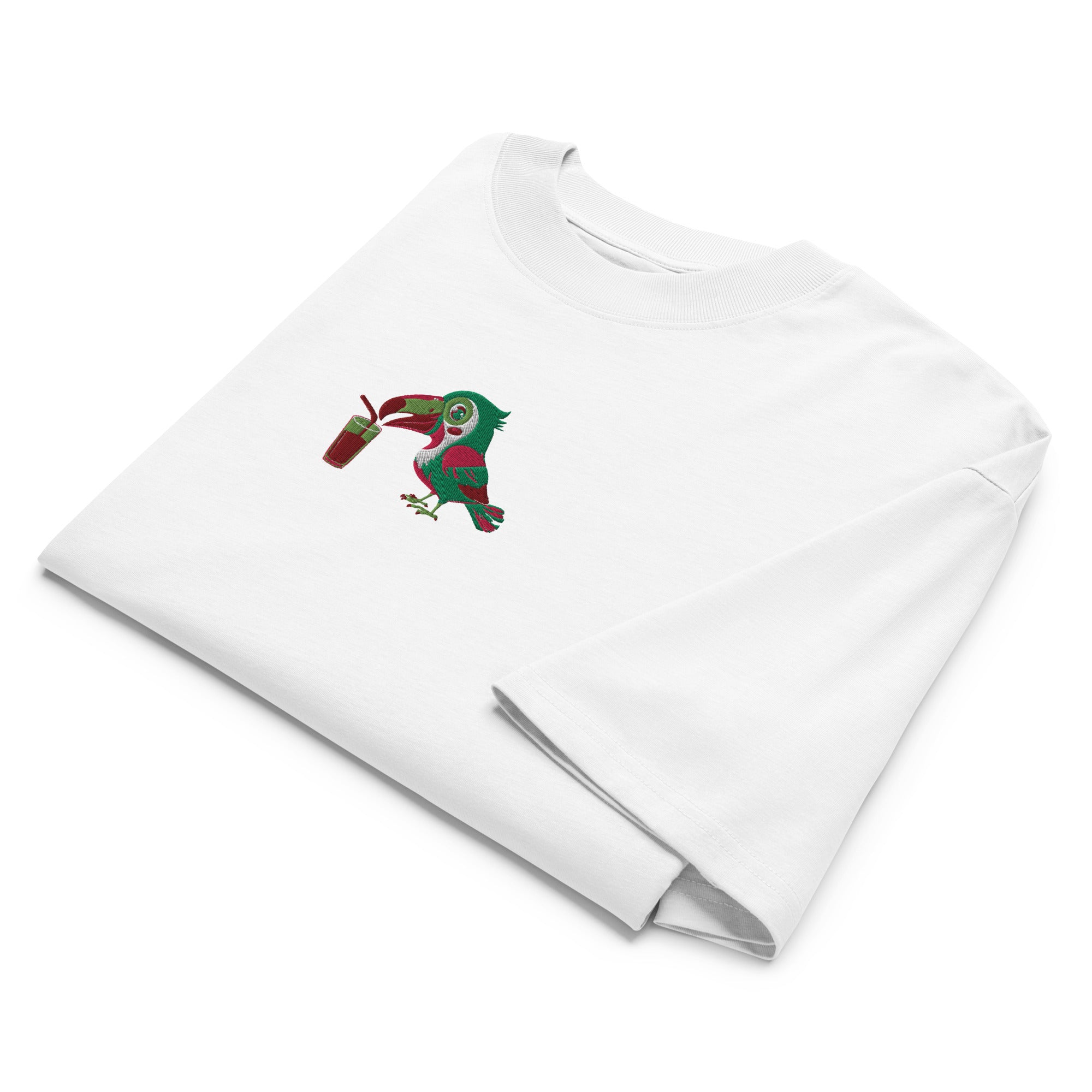 White t-shirt with a colorful graphic of an elf on a white background