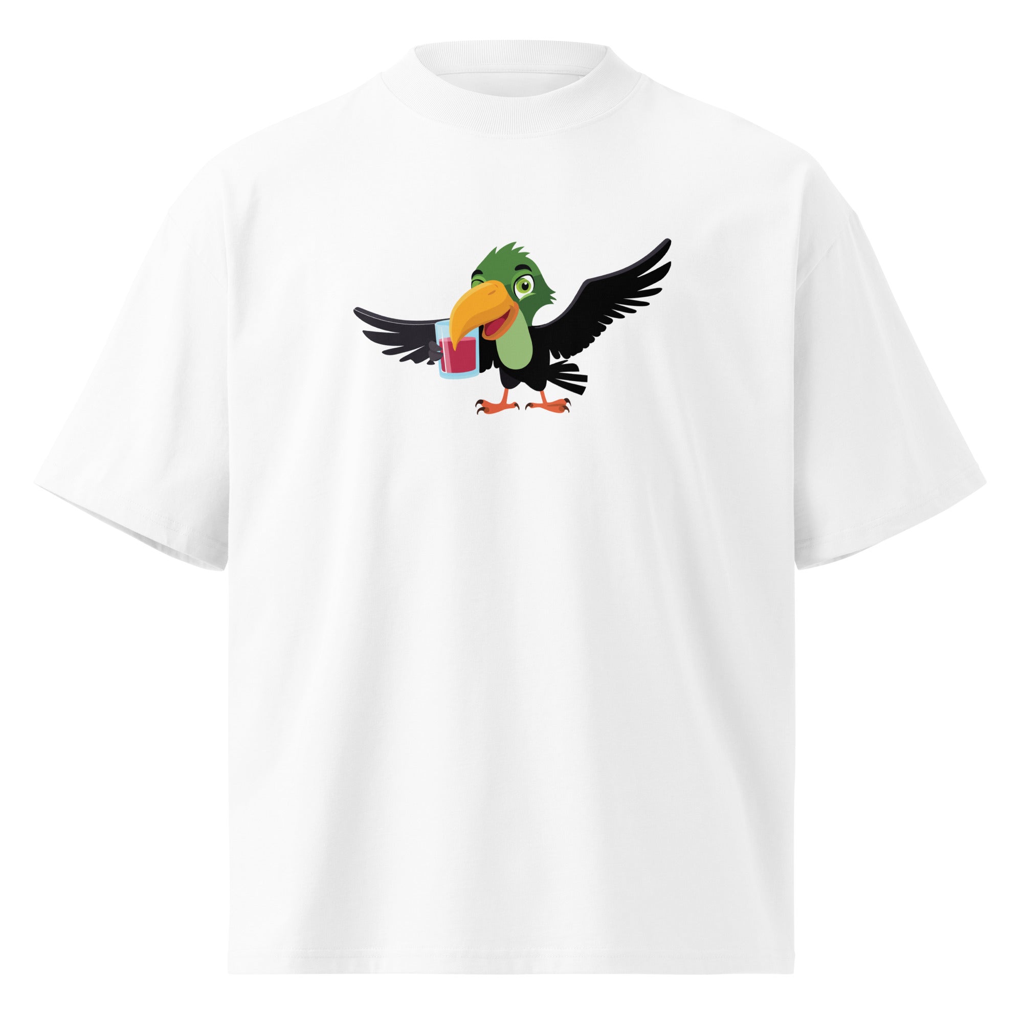 White t-shirt with a colorful parrot graphic on a white background
