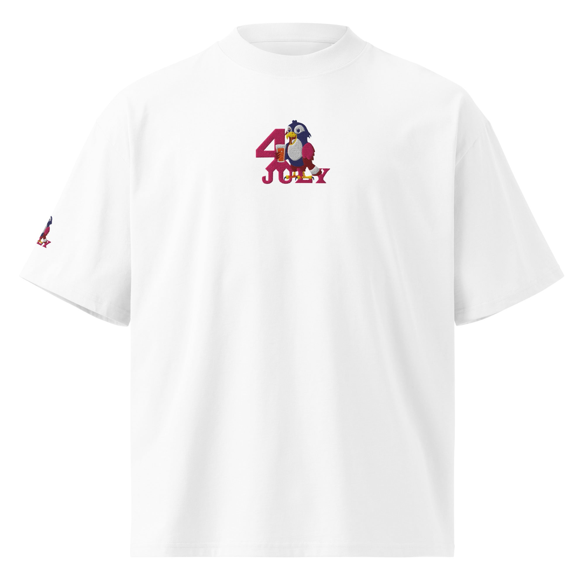 White t-shirt with 4th of July design featuring a penguin and American flag on a white background