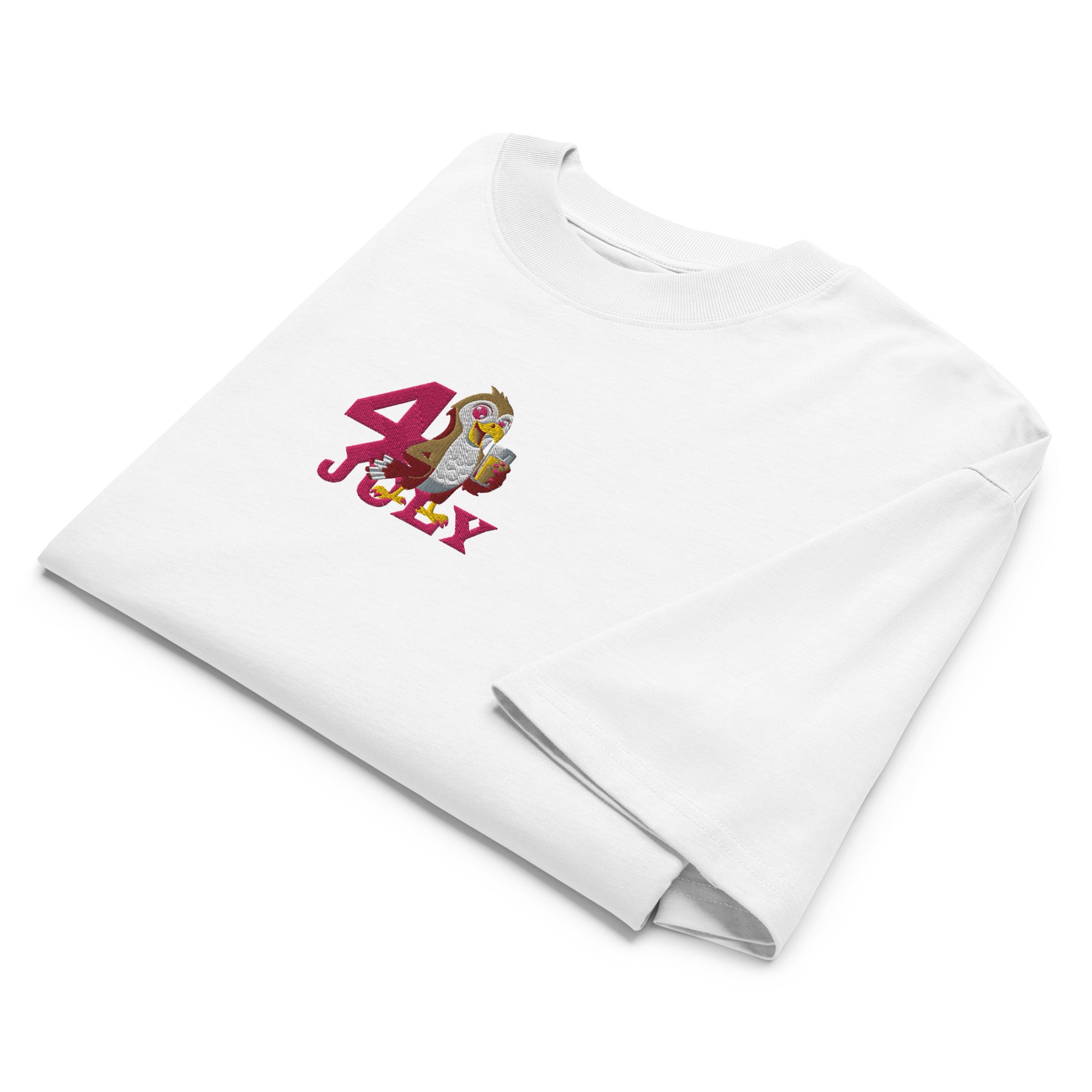White t-shirt with a colorful graphic design on a white background