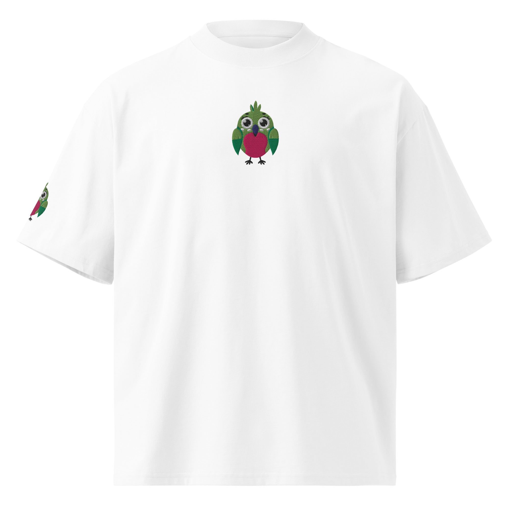 White t-shirt with colorful owl design on a white background